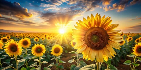 Fototapeta premium Sunlit Sunflower Field Double Exposure: Vibrant Nature Photography