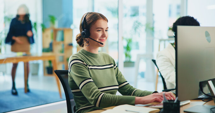 Business, call center or woman with computer, help desk or customer support in office. Person, employee or consultant for insurance company, headset or online reading for client info or telemarketing