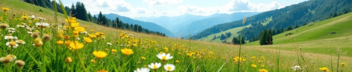 Fototapeta premium Tall grasses with wildflowers on alpine meadow, tall, hills, lush