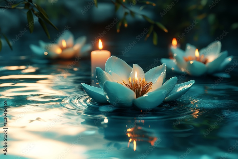 Poster floating lotus flowers with candles in a tranquil water setting during twilight hours