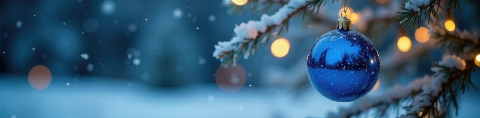 A blue Christmas ball suspended from a twinkle light string, whimsical theme, winter scenery, holiday decoration