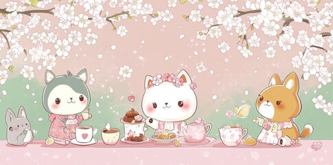 Fototapeta premium Adorable Animals Enjoying Afternoon Tea Under Cherry Blossoms