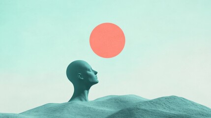 Serene teal head emerges from sand dunes under a coral sun.