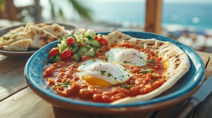Delicious shakshuka with three fried eggs, tomatoes, and basil on a dark plate..