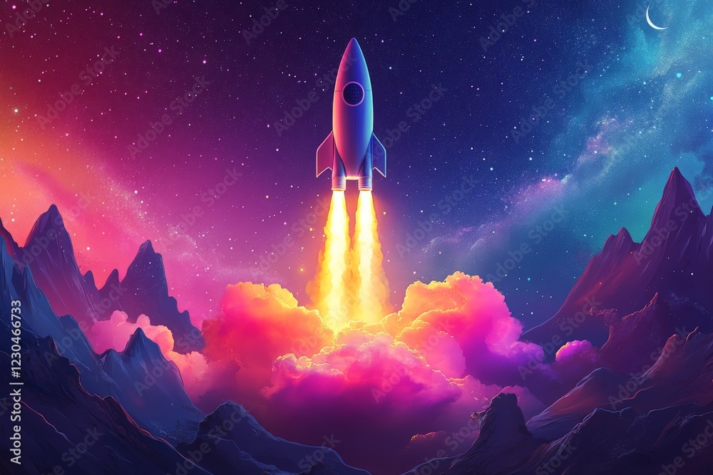 Aufkleber rocket launching into a vibrant cosmos with colorful clouds and mountains in the background during t