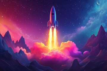 Obraz premium Rocket launching into a vibrant cosmos with colorful clouds and mountains in the background during twilight hours