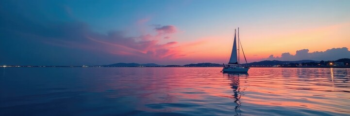 A lone sailboat glides across the calm waters of Cesenatico at blue hour, peaceful, cesenatico