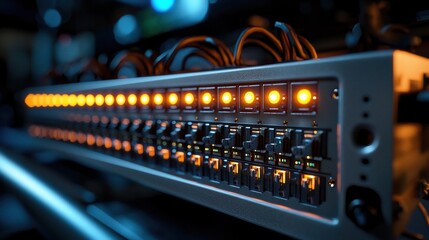 High-speed network switch operating in a high-tech server room environment