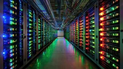 High-performance server rack in modern data center with vibrant LED lights