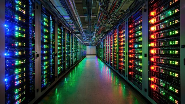 High-performance server rack in modern data center with vibrant LED lights