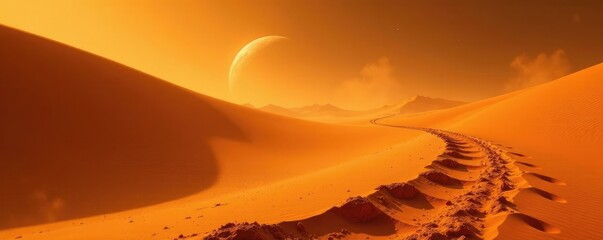 A massive footprint amidst the bright, shimmering dust of a Martian sandstorm, large print, sandy dunes in space