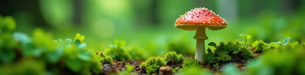 Fototapeta premium A mushroom growing among ferns and wildflowers, green, fungi