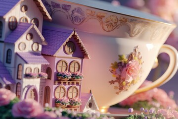 Fototapeta premium Miniature purple houses nestled beside a delicate floral teacup, creating a charming scene.