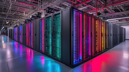 Powerful storage array in a high-tech data center with glowing drives