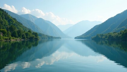 Fototapeta premium A serene and peaceful lake scene with surrounding hills, water catchment, peaceful