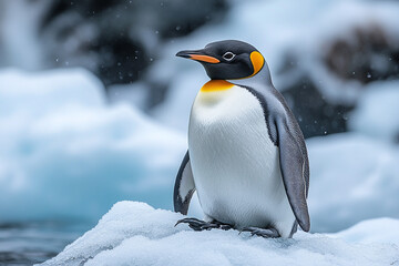 Obraz premium Majestic King Penguin Rests on Snowy Antarctic Ice