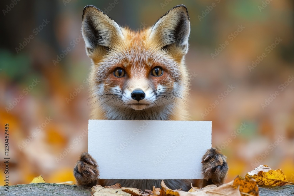Poster curious fox holds a blank sign in a forest during autumn with colorful leaves around