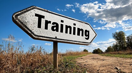 Sign pointing towards training area in a sunny outdoor setting