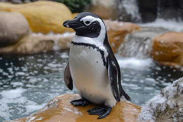 Naklejka premium A single African penguin perched on a rock near water