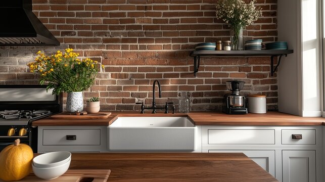 Cozy brick farmhouse kitchen with rustic vibes and warm decor