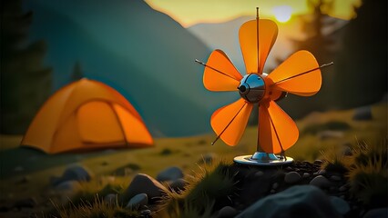 Portable Wind-Powered Fan with Orange Blades in a Scenic Camping Landscape