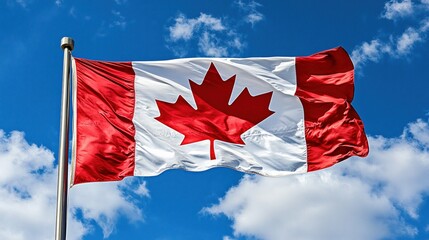 Canadian flag waving under clear blue sky with white clouds on a sunny day