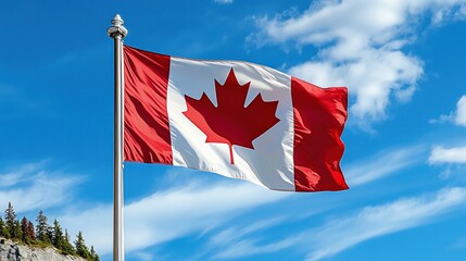 Waving Canadian flag under a clear blue sky on a sunny day