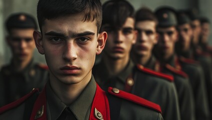 Fototapeta premium A Stern Gaze: Young Soldiers in Uniform