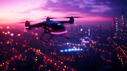 Futuristic Drone Flying Over Vibrant City Skyline at Dusk