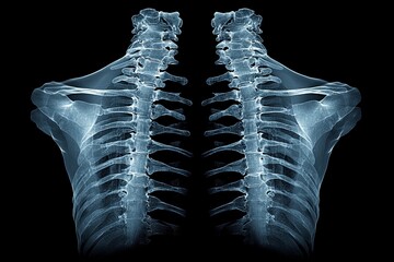 Detailed x-ray view of human spine showcasing cervical and thoracic regions in a medical context