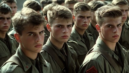 Fototapeta premium Young Soldiers in Formation: A poignant image capturing the youthful faces of soldiers, their expressions a mixture of determination and apprehension.