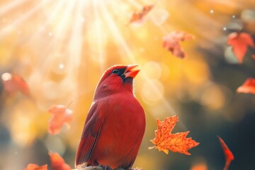 Red Bird Gazing Upward Amidst Sunbeams and Falling Leaves . A vibrant cardinal perched on a branch, surrounded by colorful autumn leaves, showcasing the beauty of the season.