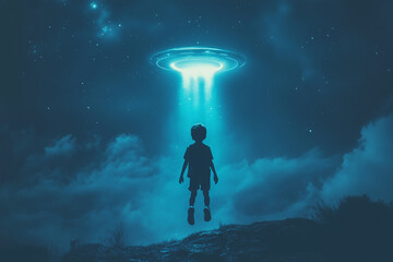 Boy surrounded by glowing lights from an alien spacecraft