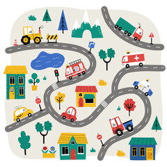 Cute little town map with cars, houses, mountains, roads, trees, fire engine, police car, ambulance, truck. Doodle cityscape for nursery carpet print. Hand-drawn maps for kids room, nursery decor