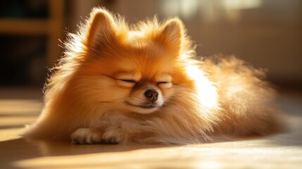 Obraz premium Golden Pomeranian Dog Basking in Sunlight Peaceful Canine Rest
