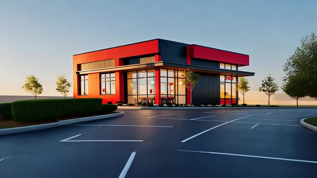 Modern Fast Food Restaurant with Red and Black Exterior and Empty Parking Lot at Sunset

