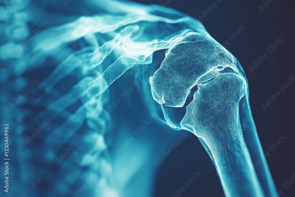 Poster detailed x-ray of a human shoulder joint highlighting anatomical structures and bone alignment