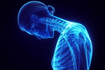 Human skeletal structure depicted in a detailed blue x-ray representation showcasing posture and anatomy highlights