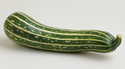 Snake gourd resting on clean white background, curved and striking shape