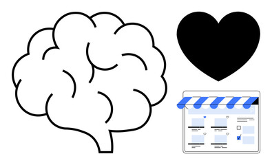 Brain, black heart, and website interface with storefront canopy. Ideal for online strategy, digital marketing, emotional intelligence, mental health, e-commerce decision making. Abstract line flat