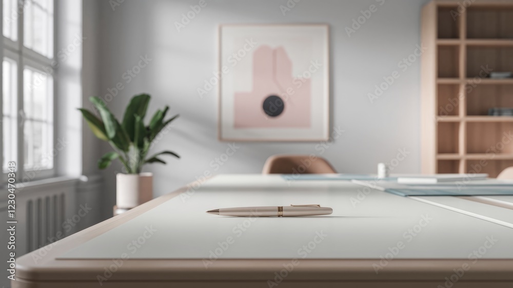 Poster a minimalist workspace with a pen on a table, featuring a plant and abstract art.