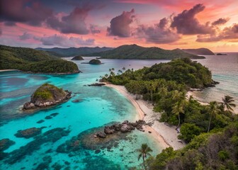 Obraz premium Surreal Caribbean Vacation: Dreamlike Beach Scene with Floating Islands