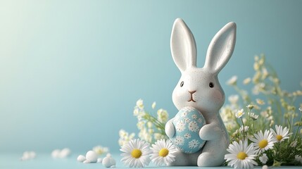 Obraz premium Cute bunny holding an easter egg surrounded by flowers on a light blue background in a festive spring setting