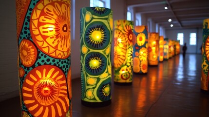 Illuminated cylindrical art installations in a gallery.