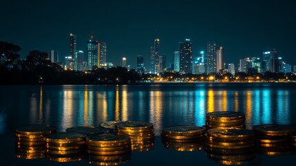 Naklejka premium Double exposure of coins stack with graph chart and night cityscape. Economic, business, financial and stock market growth concept.