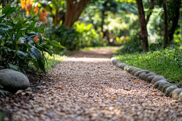 Scenic garden pathway lined with stones and surrounded by lush greenery in a tranquil setting