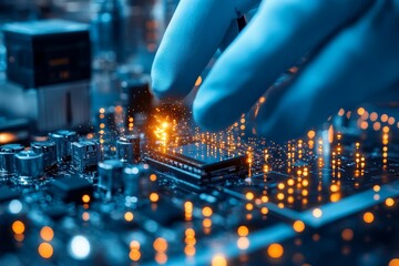 Obraz premium Close-up view of a hand working on a circuit board with intricate details and glowing components during an electronics assembly process