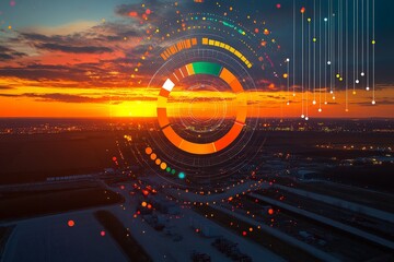 Colorful sunset with digital overlay illustrating data visualization above a landscape