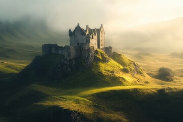 Obraz premium Misty morning light illuminates an ancient castle atop a grassy hill in a tranquil landscape