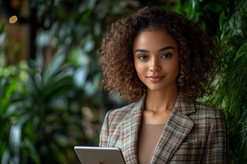 Fototapeta premium Young woman with curly hair holds tablet surrounded by lush greenery in a modern indoor setting